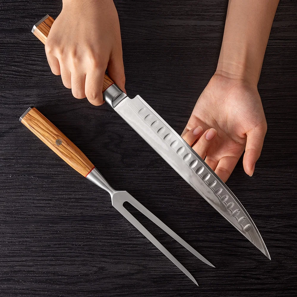 Great Gift for Thanksgiving&Christmas Carving Slicing Knife and Fork Set 2 PCS Full Tang Carving Set for Turkey Meat BBQ Brisket
