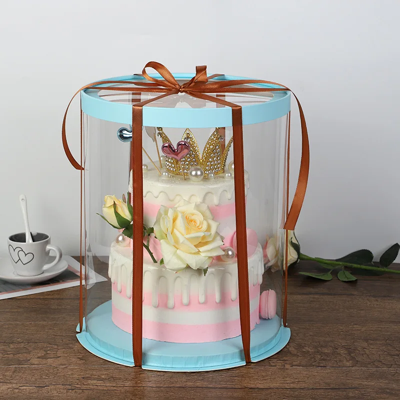 New arrival clear PET plastic round  birthday cake box clear lid blue color  10 inch tall round cake box with clear lid