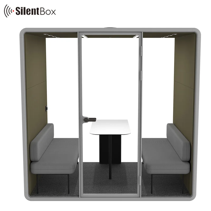 Office pods privacy meeting booth 4 person cabin with intelligent controller interior fabric hidden door closer