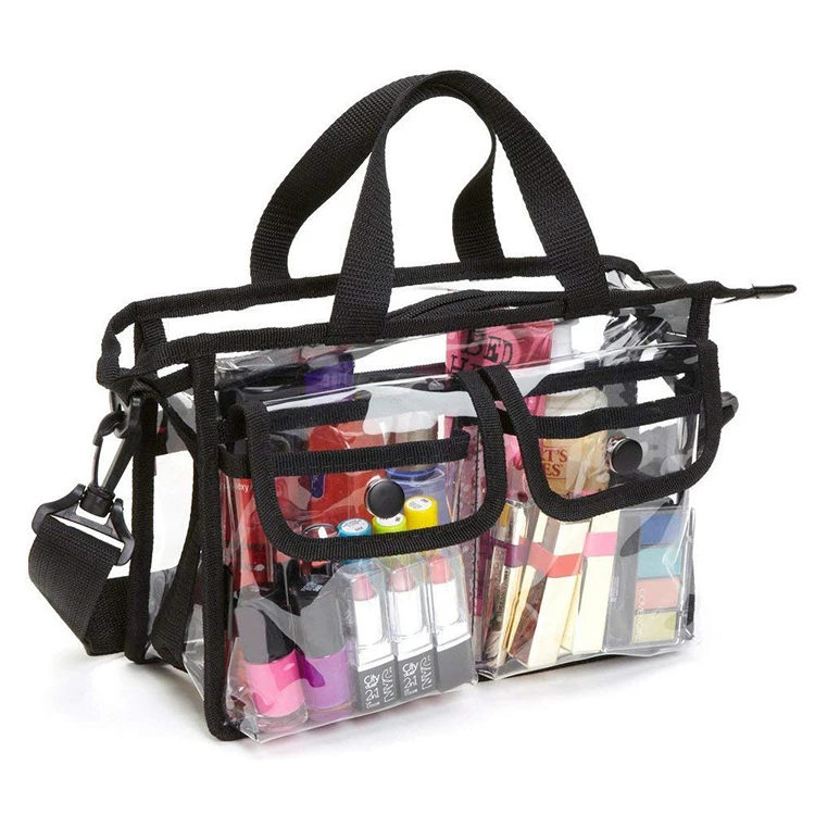 Hot Selling Travel Clear PVC Makeup Organizer Beauty Cosmetic Bag with External Pockets and Adjustable Strap