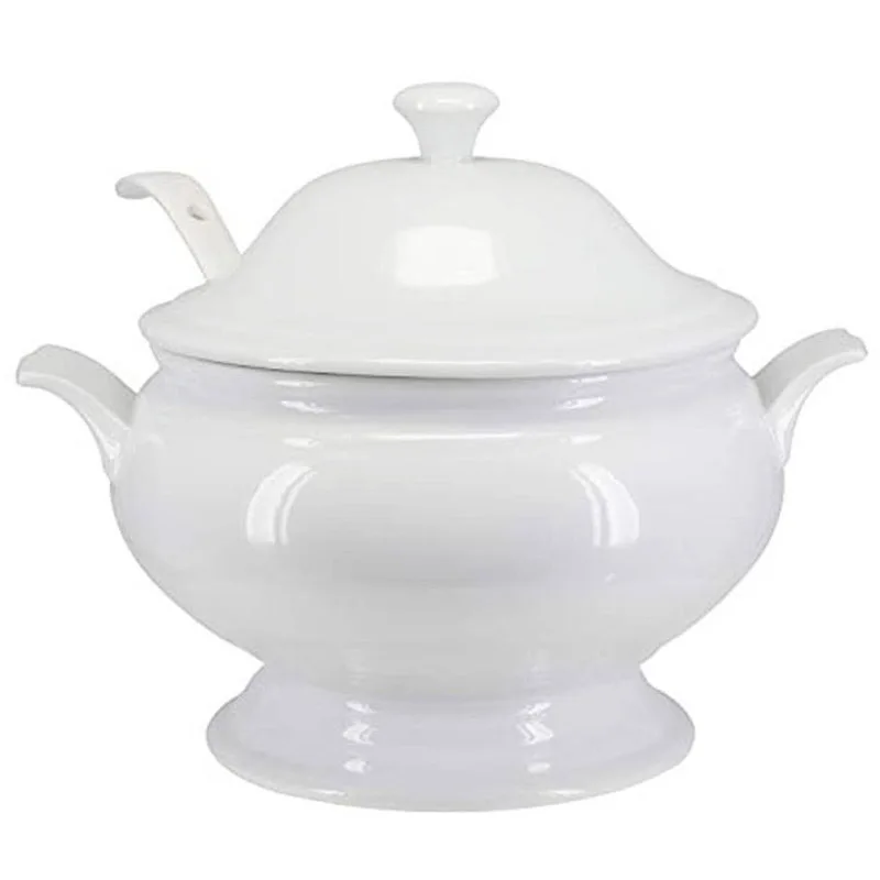 Custom glazed ceramic white soup bowl white soup tureen with ladle