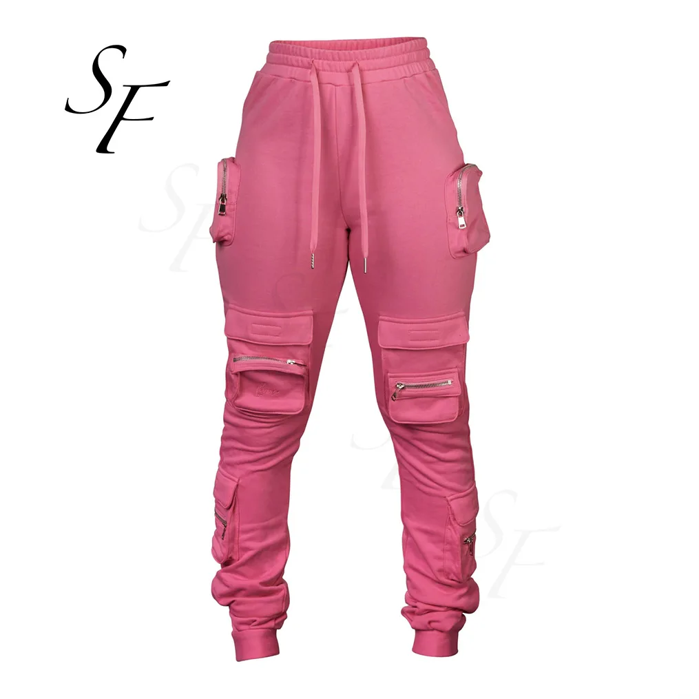 Custom logo high quality casual solid color stacked pants multi pockets zipper decoration drawstring Overalls trousers for women