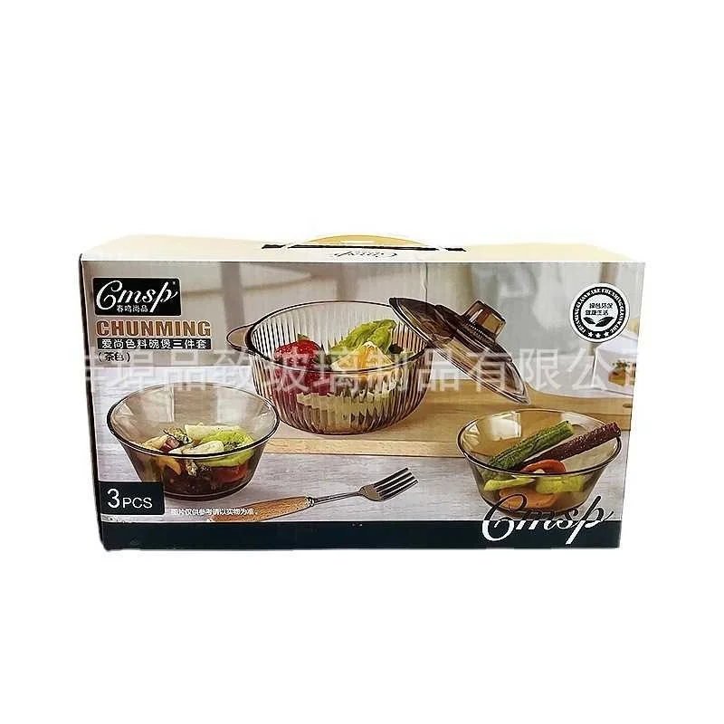 Three-piece Vertical Grain Glass Set With Lid Double Ear Glass Pot Noodles Bowl Household Dessert Salad Bowl Store Gift