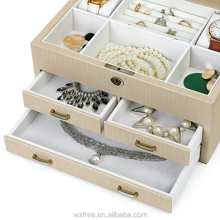 Lockable Jewelry Organizer Fashion Mirror Leather Box 3 Drawers Makeup Case Storage Holders multifunctional portable