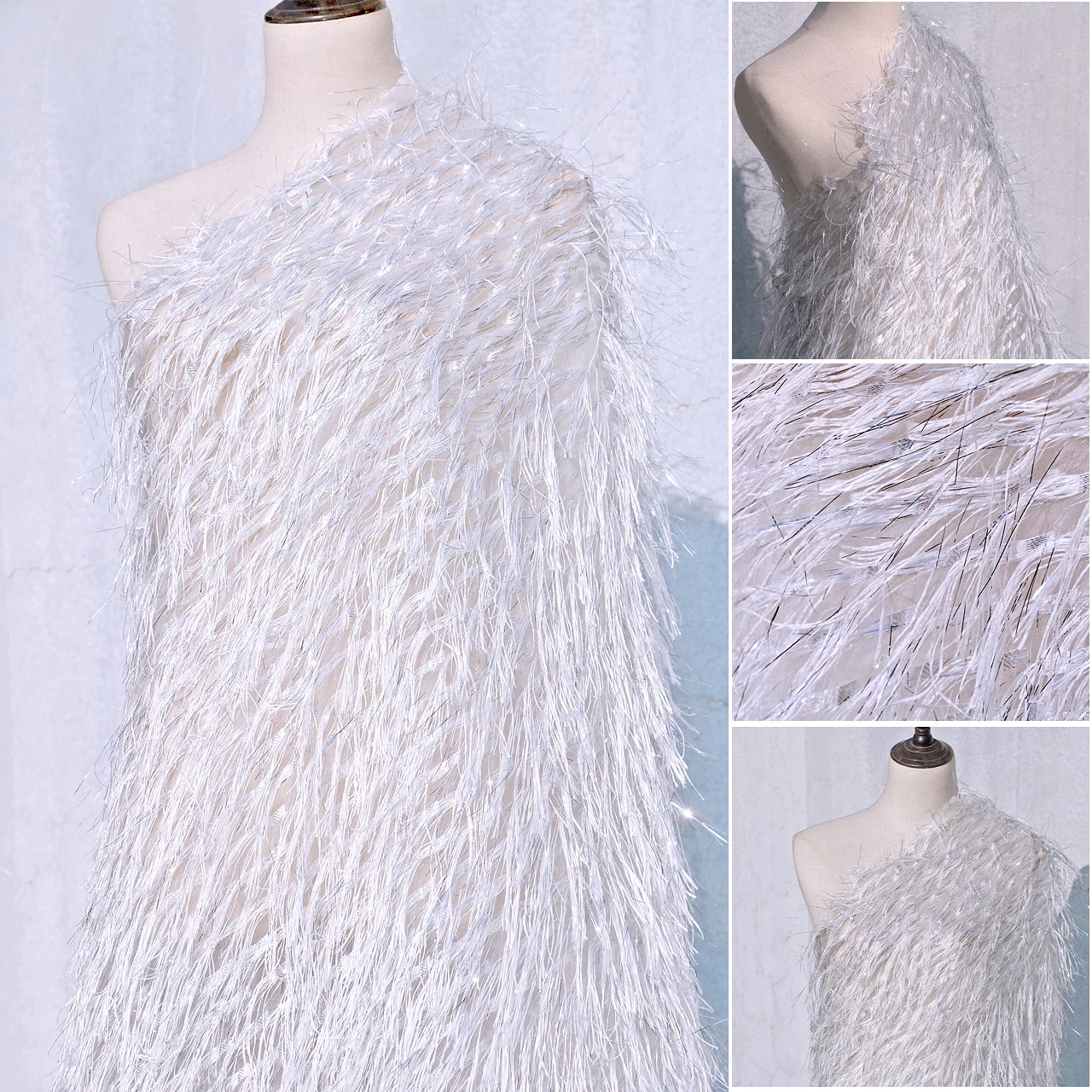 Nanyee Textile Fancy Soft Shimmer White Silver Lurex Fringe Fabric With Faux Fur For Dancing Dress