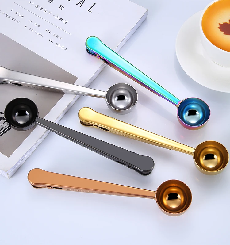 Coffee Measuring Spoon Milk Powder Scoop Stainless Steel Coffee Bean Spoon with Bag Clip