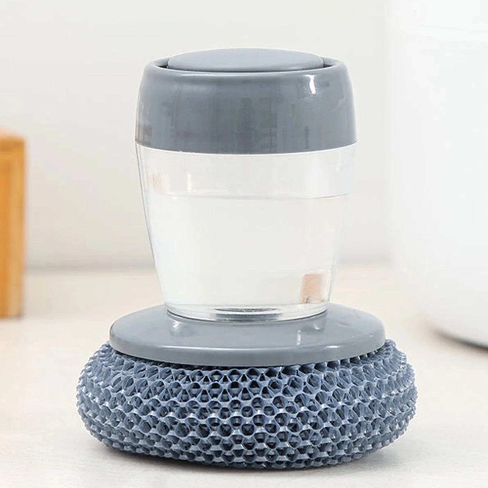 Kitchen Pressing Cleaning Brush Soap Dispensing Metal Scrub Liquid Storage Tank Steel Wire Scrubber Dishwashing Pot Brush