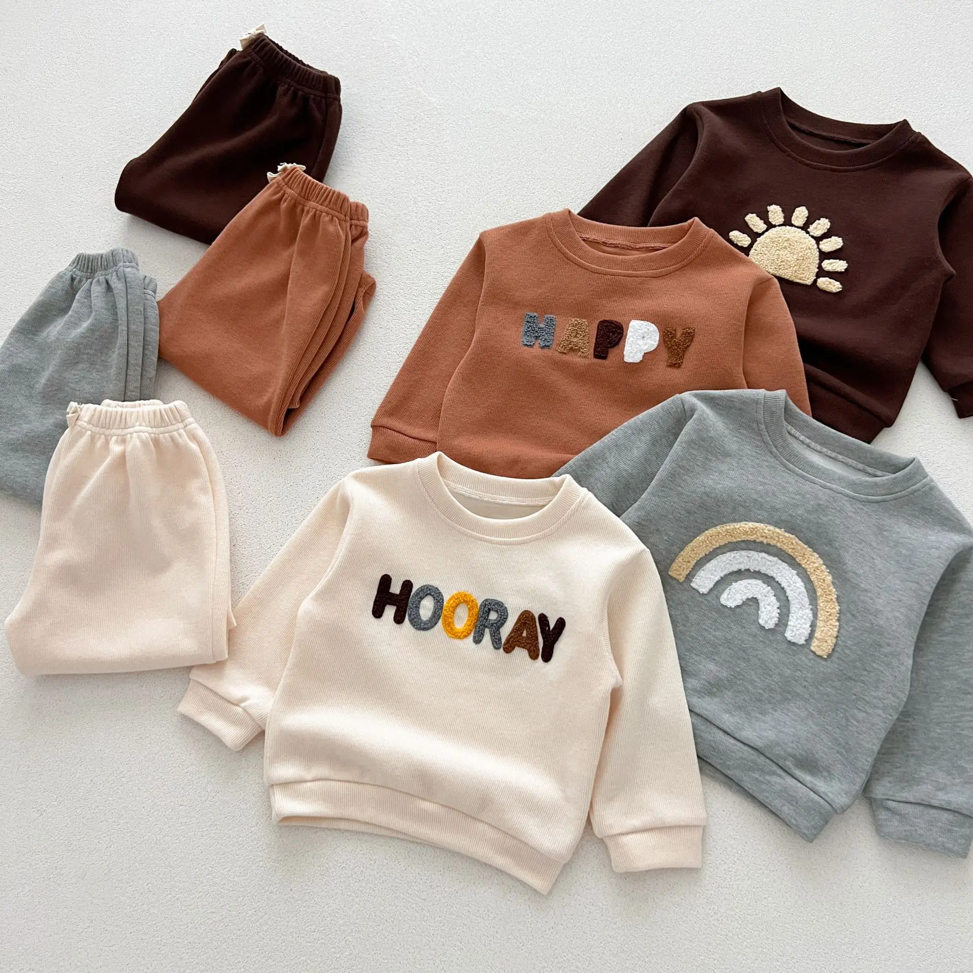 1 Pcs Private Label Letter Waffle Outfit Autumn Winter Newborn Infant Toddler Boys Girls Clothes Top Pants Baby 2 Pieces Set