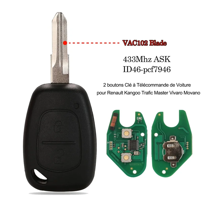 2-Button Car Remote Key Shell Replacement for Renault Vivaro Movano Traffic Kangoo Nissan 433Mhz ID46/PCF7946 Chip