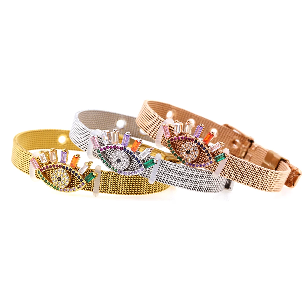 Stainless Steel Adjustable Mesh Buckle Belt Bracelet 24K gold plated CZ stone paved  eyes  Mesh Bracelet