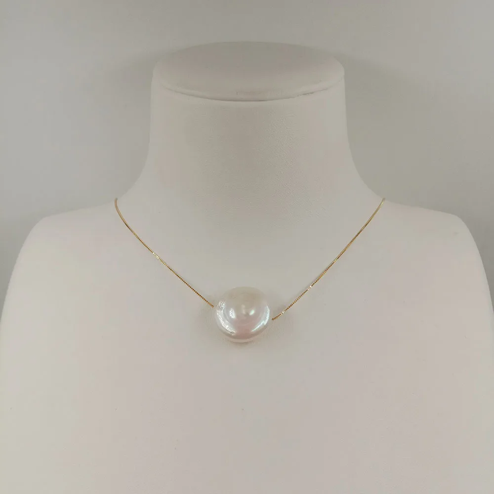 18 inch  Wholesales S925 sterling silver box chain pendant necklace ,100% nature freshwater coin baroque pearl 19 mm