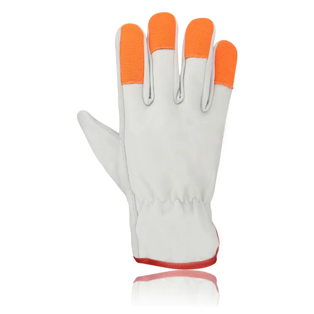 Driver Gloves made cow grain leather Keystone thumb red cotton piping yellow stripped on back sides of fingers