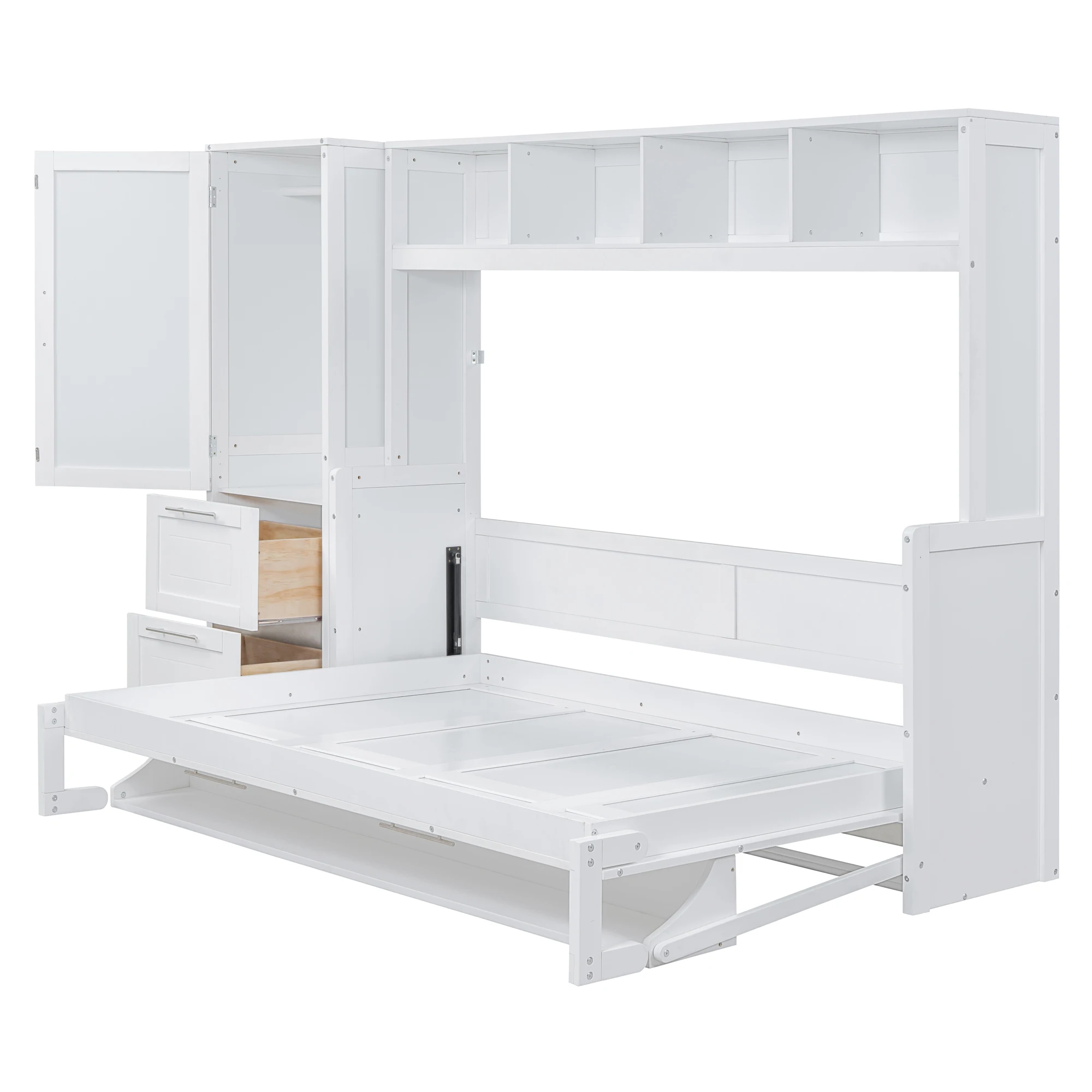 Queen Size Murphy Bed Wall Bed with Closet and Drawers,White