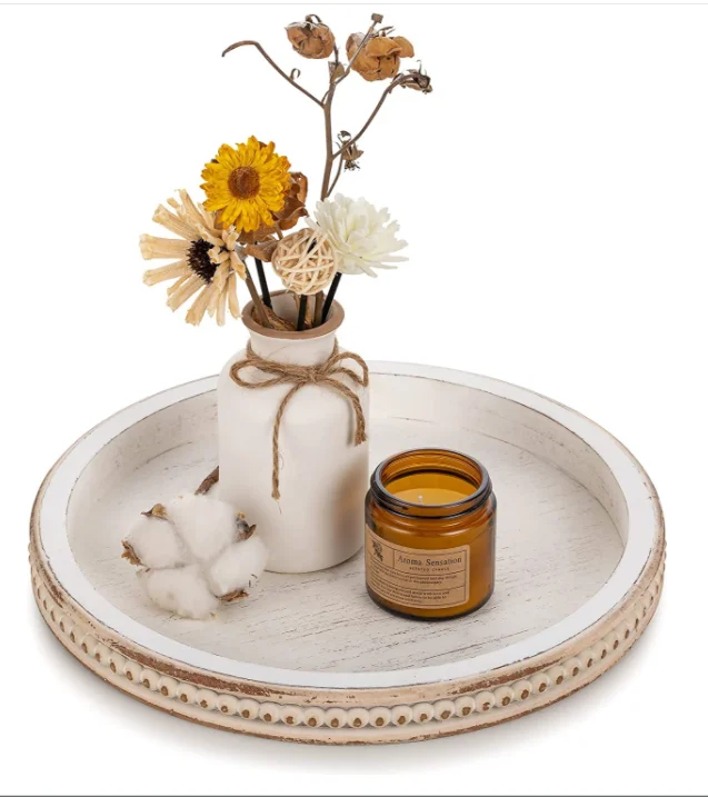 Wooden tray Round: White wash bead tray suitable for coffee table centerpiece decoration living room bathroom storage rack