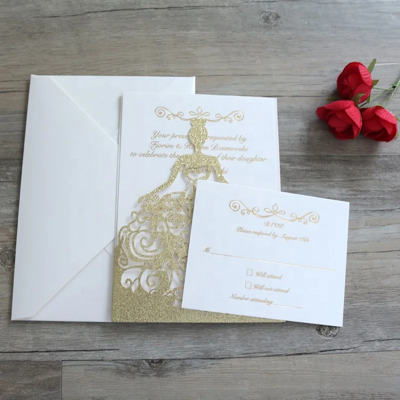 Оптовая продажа, золотистые блестящие бумажные свадебные приглашения с конвертом, печатная поздравительная открытка на заказ