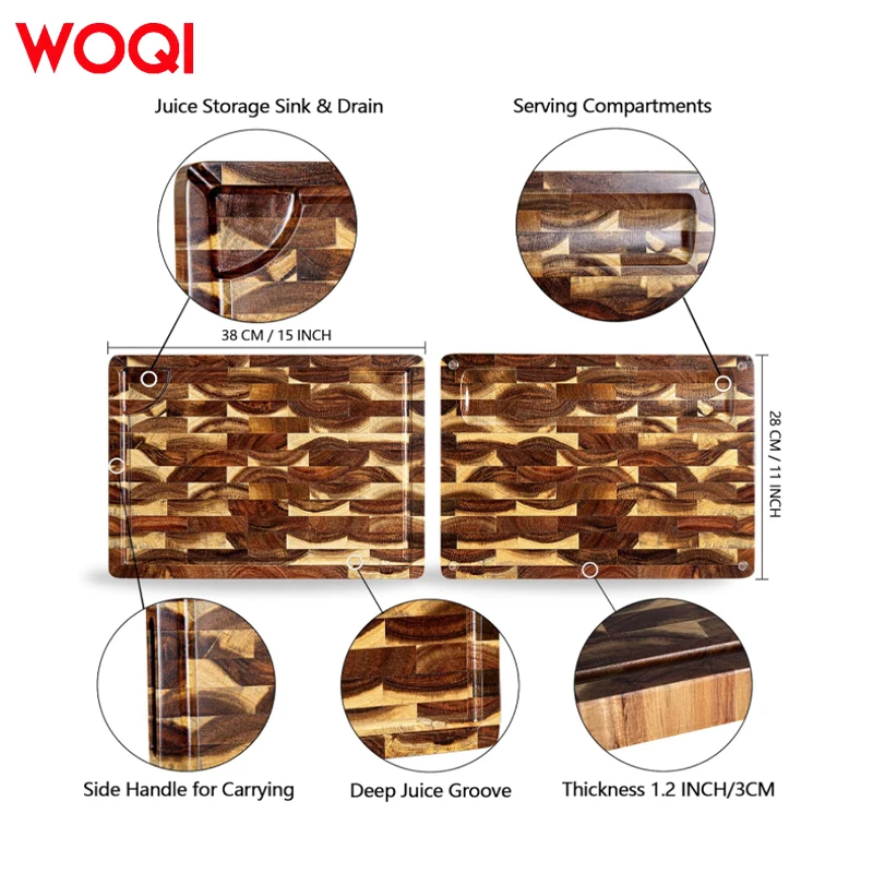 WOQI Wood Cutting Board End Grain Cutting Board with Juice Groove Butcher Block Thick bamboo Board for Home Kitchen