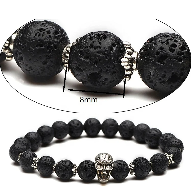 Cheaper Fashion Men Natural Gemstone Agate Stone Jewelry Lava Bracelet with Skull Charm