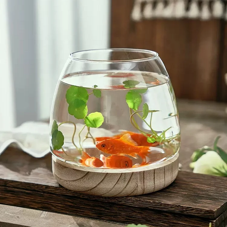 Luxury Custom Color Round Ball Shape Fish Bowl Flower Glass Vase with Wooden Stand For Home decorate