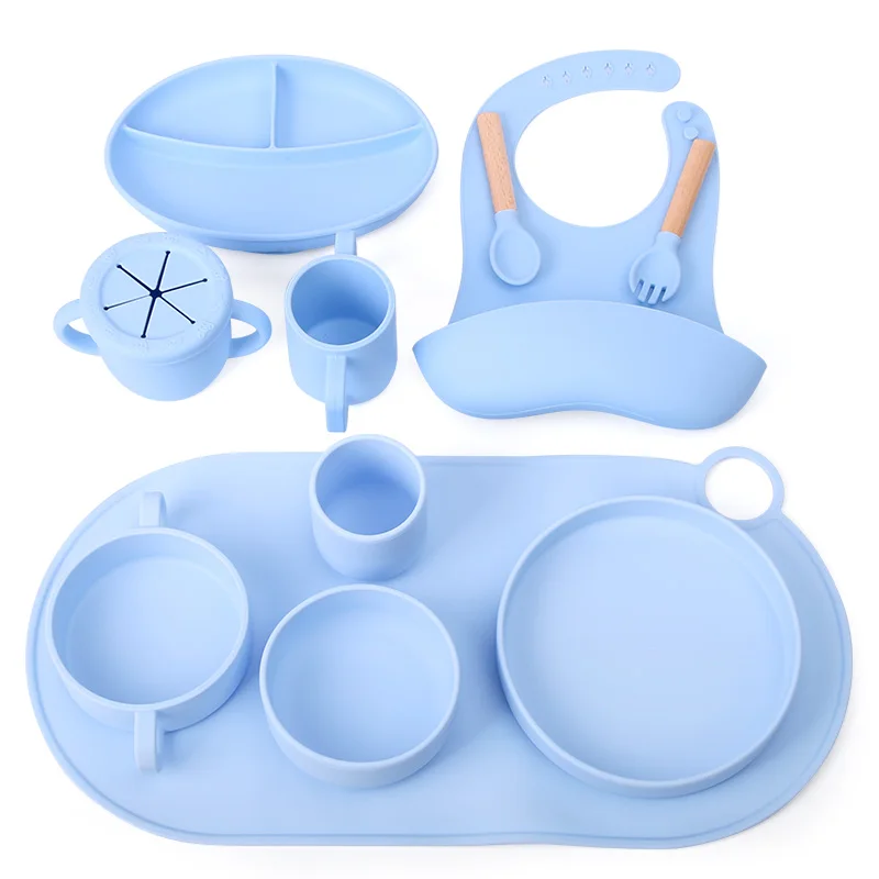 Free sample Bpa Free Baby Mat Feeder Cup Eco Kids Divider Spoon Silicon Dishes Feeding Set For Baby Suction Bowl Silicone Plate