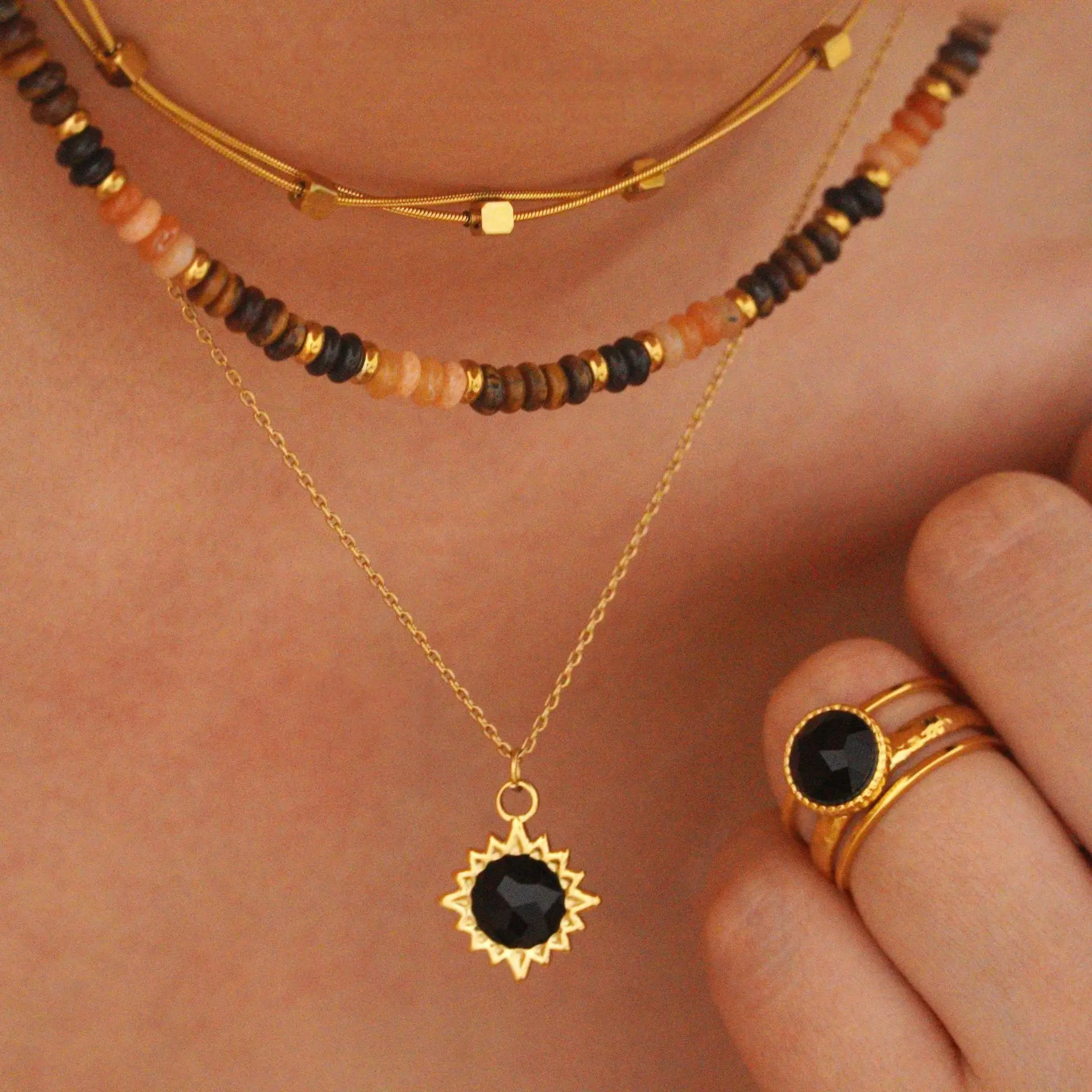 2024 Summer Jewelry For Women Black Agate Stone Beads Stainless Steel 14k Gold Plated Anti Tarnish Wholesale Jewelry Necklace