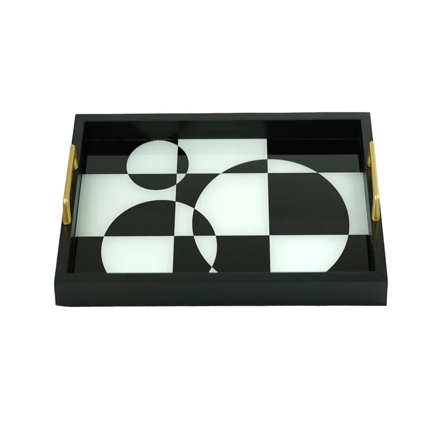 Wholesale Kitchen Chess Black And White Checkerboard Coffee Storage Trays Decorative Glass MIirror Tray Set