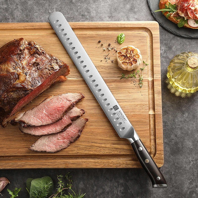 XINZUO New Premium Ebony Wood Handle German 1.4116 Carbon Stainless Steel Kitchen Slicing Knives Granton Carving Knife