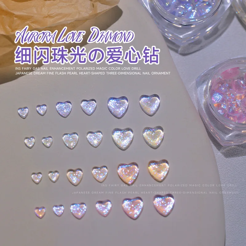 Ultra-Shiny Aurora Heart Nail Art Accessories Iridescent Holographic Heart-Shaped Rhinestones Nail Decor Charms