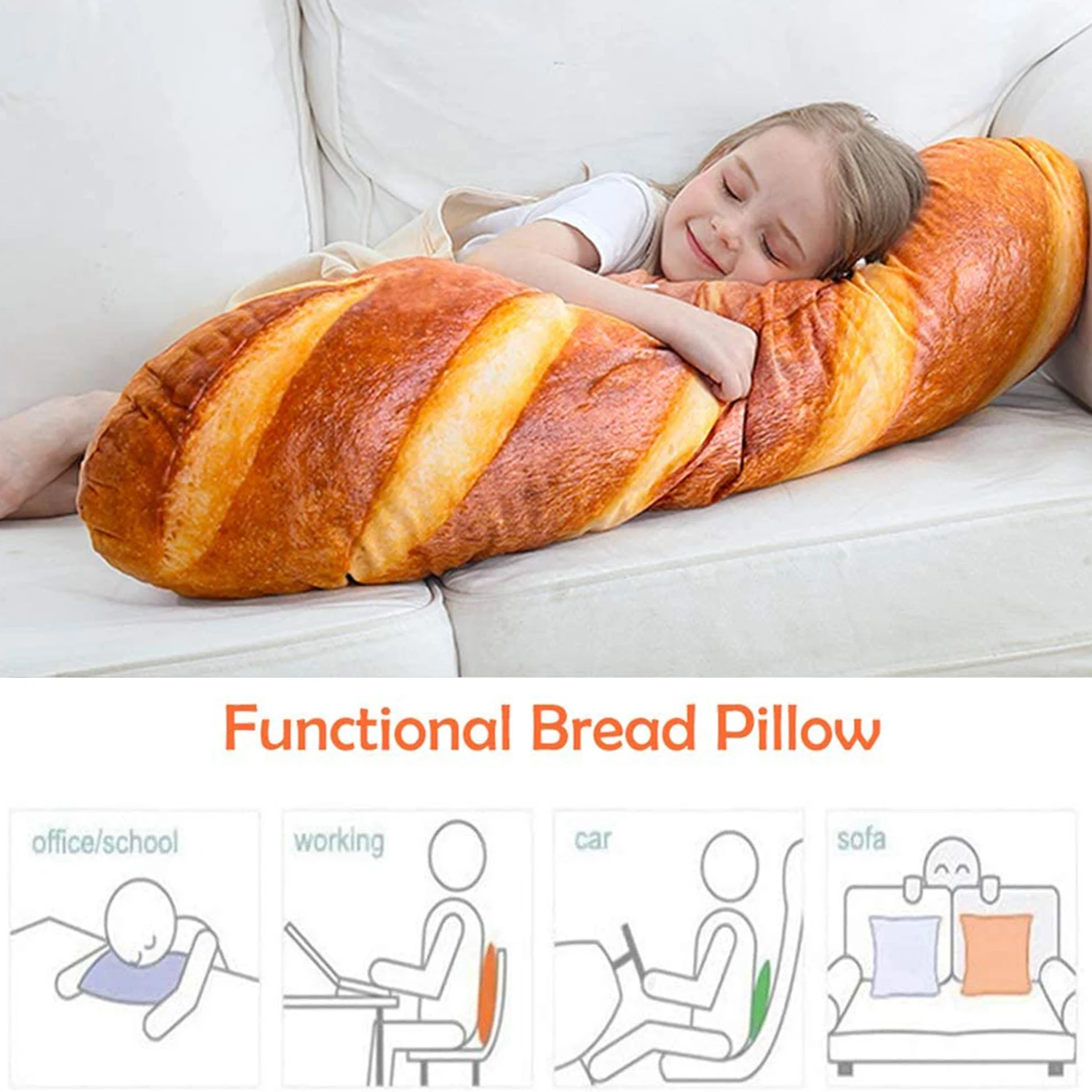 27 in 3D Simulation Bread Shape Pillow Soft Lumbar Baguette Back Cushion Funny Food Plush Stuffed Toy