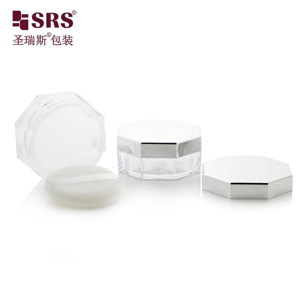 S029E-20g Wide Mouth Empty Plastic Loose Powder Jars with Puff For Make Up Setting Powder Octagon Shaped with Puff Silver Cap