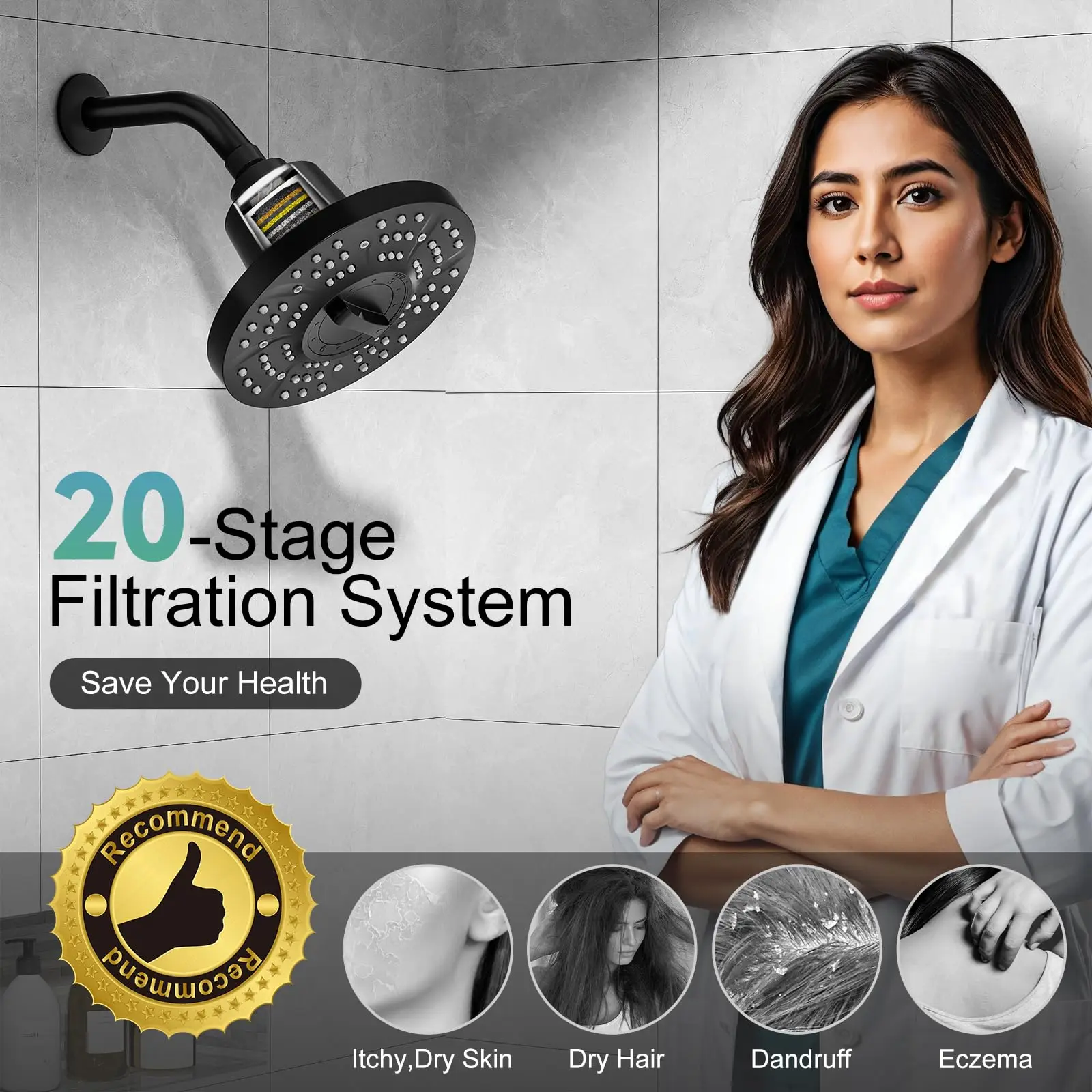 Matte Black 7 Inch Anti-Clog High-Pressure Filtered Shower Head with 20-Stage Filter Filtered Rain Shower Head