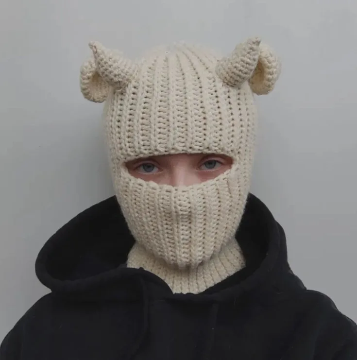 Hot Selling New Custom Winter Warm Halloween Funny Devil Horn Handmade Crochet Knitted Balaclava Hat Mask