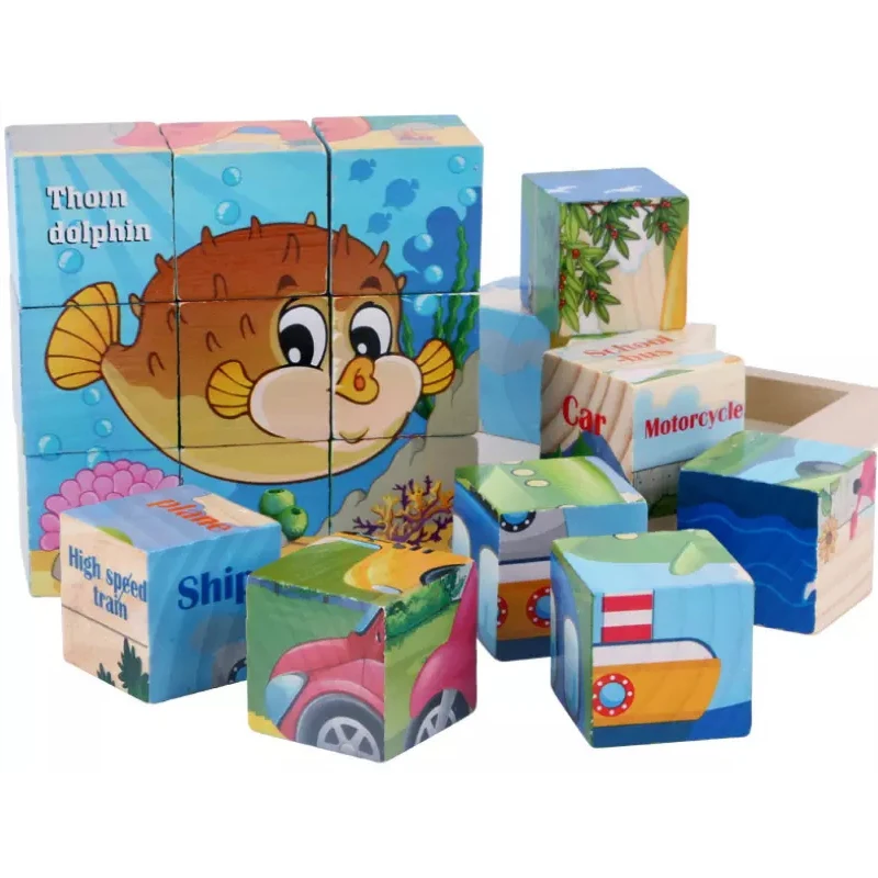 Cartoon 3D Wooden Jigsaw Puzzles 9 Pieces Toddler Intelligence Early Learning Building Block Toys Six-Sided Painting Puzzle