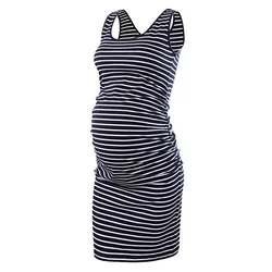 Maternity Solid Stripe Midi Dress Women Pregnancy Clothes Stripe Dress Simple Comfortable Maternity Sleeveless Dress