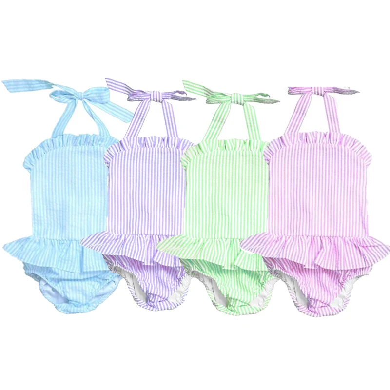 RTS seersucker summer beach swimming clothes one pieces swimsuits kids girls swim wear