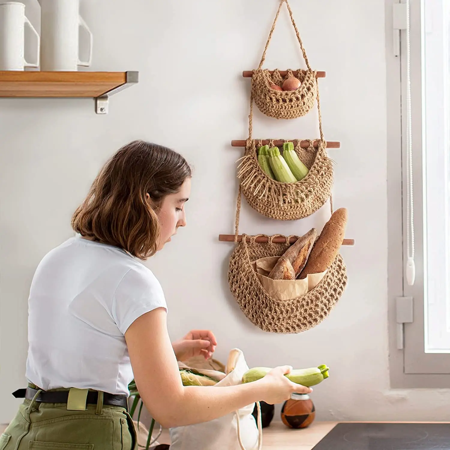 Hot sale boho woven basket home decor hanging wall fruit basket 3 tier wicker basket