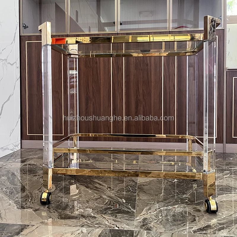 Factory Wholesale Kitchen 2 Tier Stainless Steel Trolley Bar Wine Service Bar Car Brake Acrylic Service Trolley