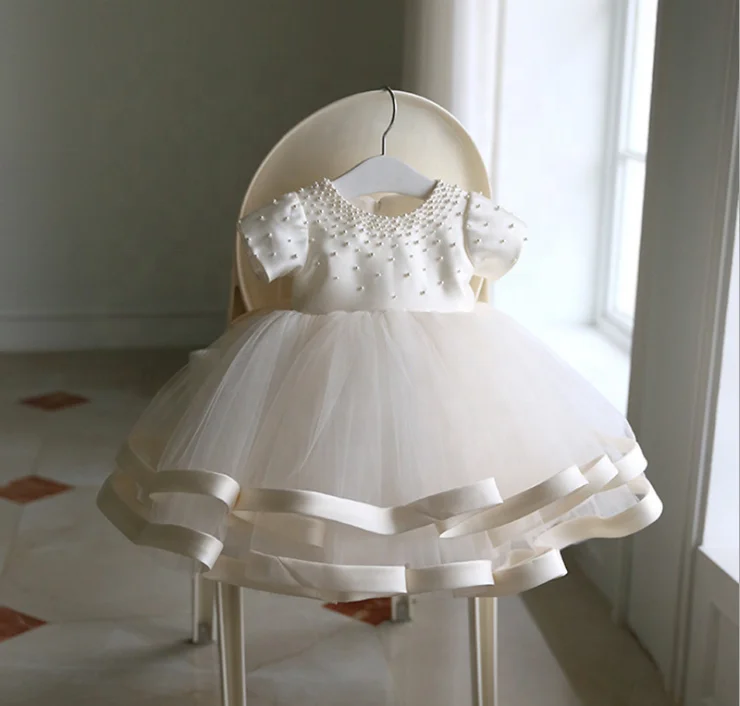 White Bow Dress Baby Girl Baptism Clothes Princess Tutu Kids Bead Birthday Outifit for Princess Prom Party