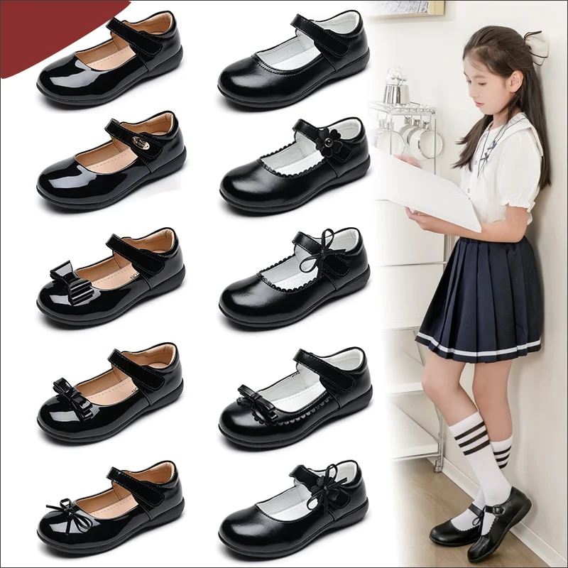 Wholesale school girls genuine leather black shoes for school kids uniform