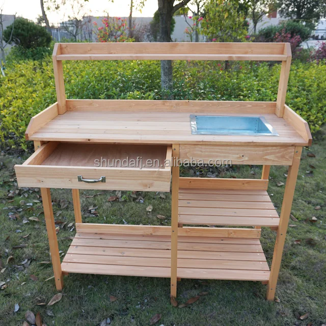 SDPB004 Products Mobile Garden Potting Bench Outdoor Wood Workstation Table Tabletop Storage Shelves