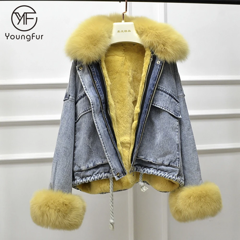 Winter women warm parka real rex rabbit fur lining jean coat with fox fur sleeve cuff black denim jacket