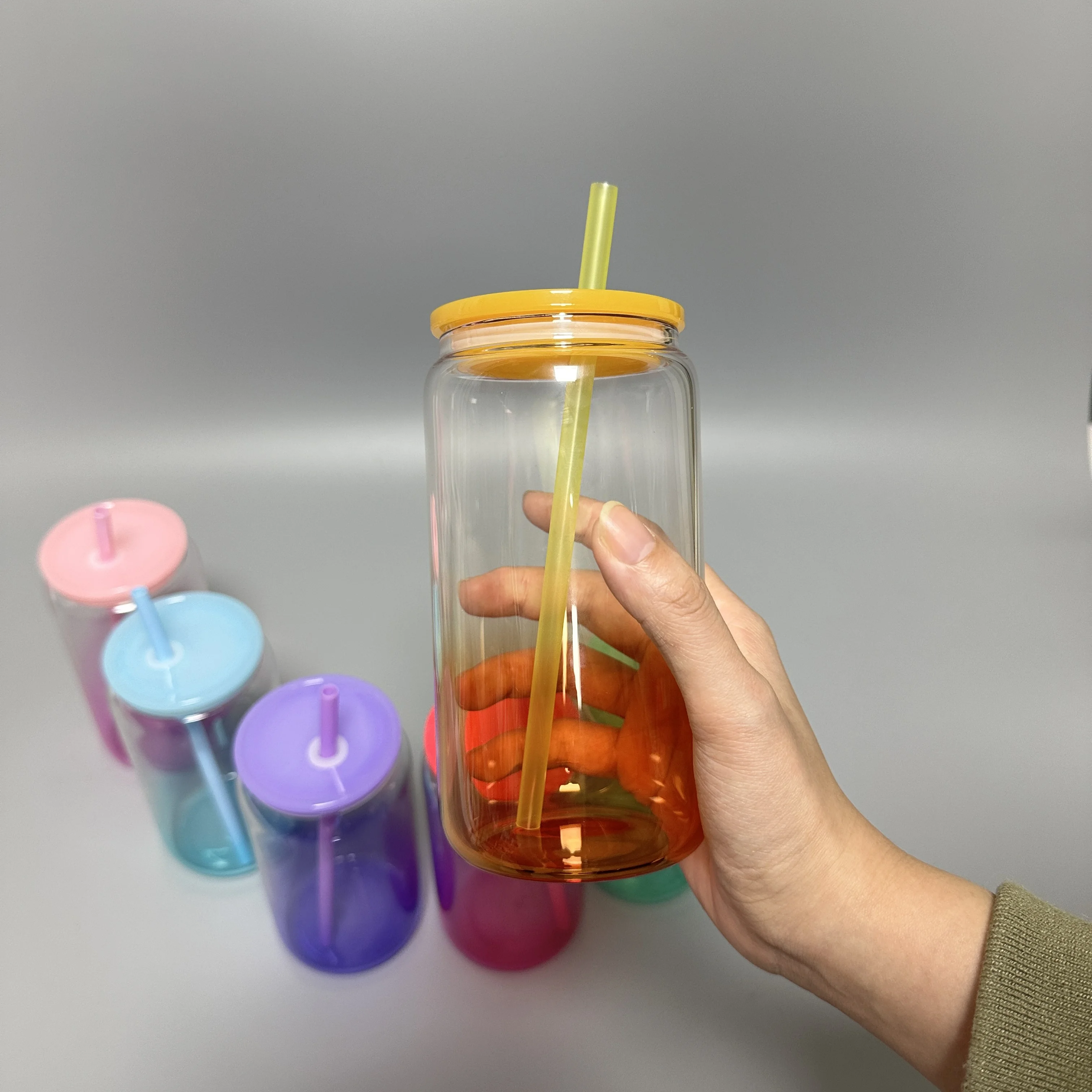 16oz Clear Glass Cans Sublimation Blanks Ombre Jelly Glass Tumblers With Colored Plastic Lids and Colored Straw