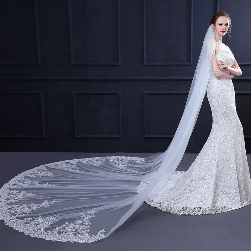 
Shenglan 3.5 Meter Ivory Cathedral Wedding Veils with Comb Long Lace Edge ivory veil wedding bridal wedding supplies 