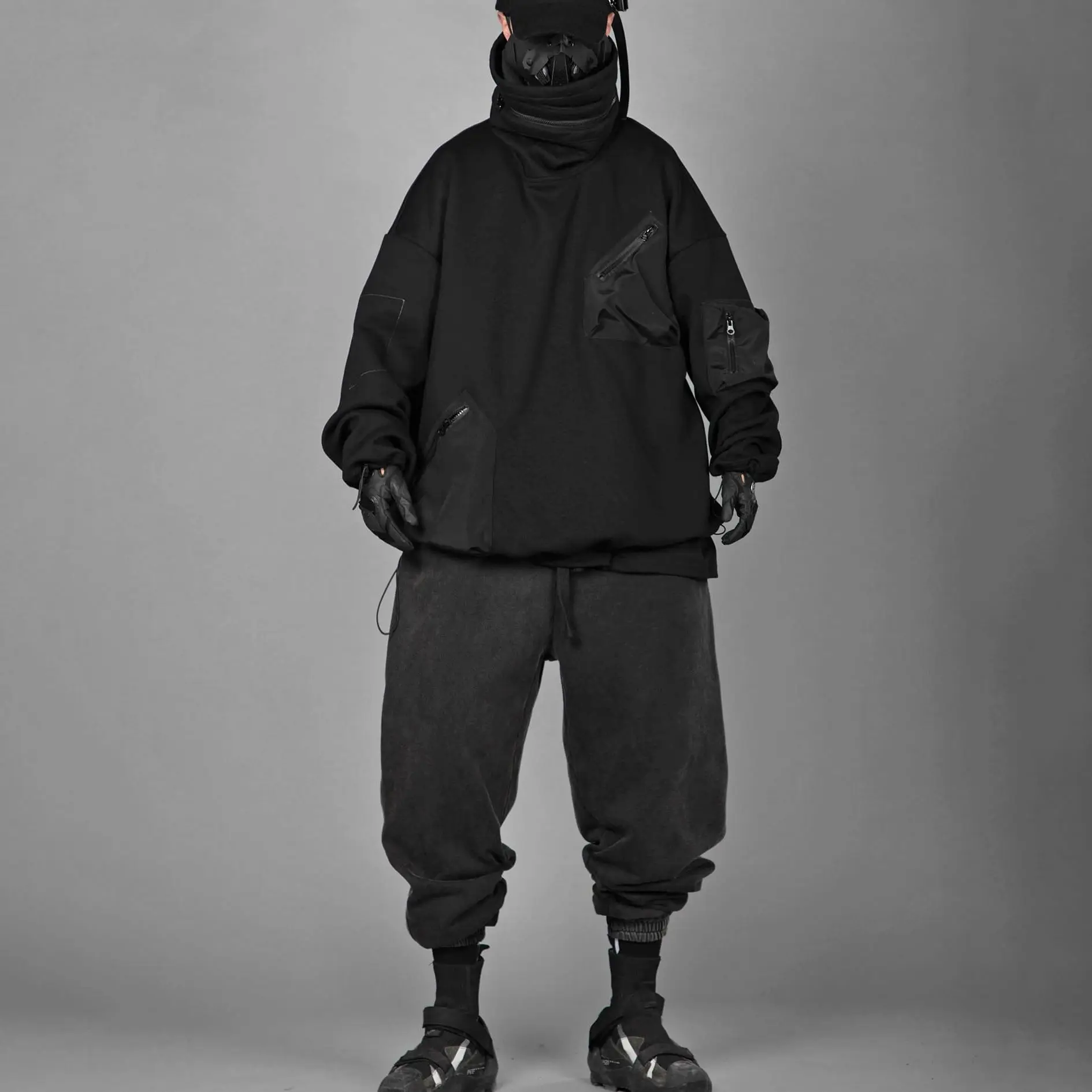 DOVEN OEM Custom Logo Design Full Face Cover Masked  Heavyweight Hoodie Color Block Sherpa Fleece Oversized Ninja Hoodies