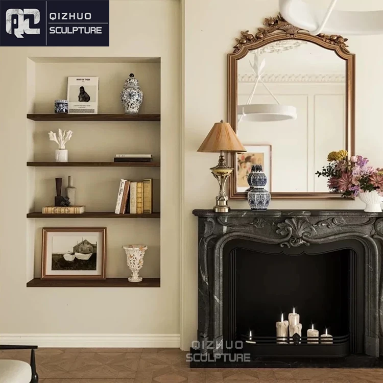 Simple Design Modern Hand Carved Natural Stone Marquina Black Marble Fireplace Surround