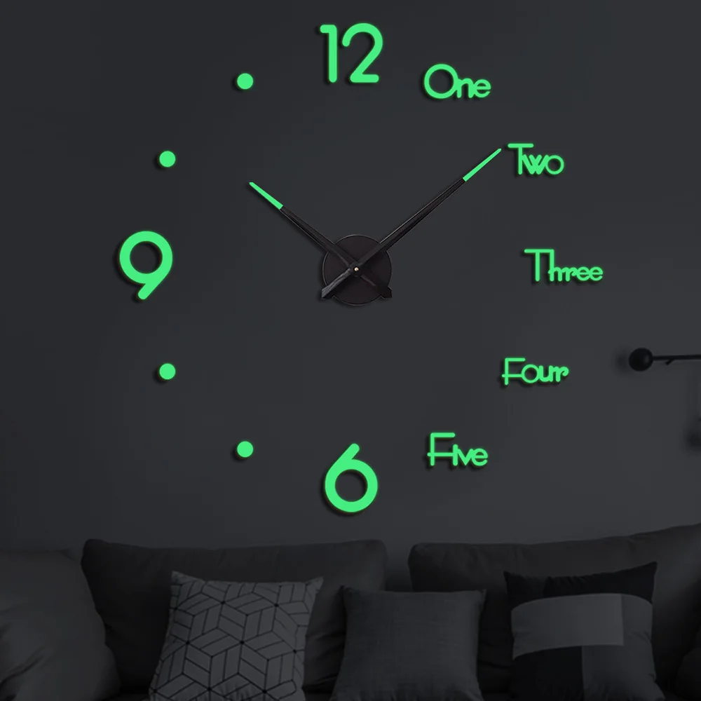 Wholesale large size DIY cheap decorative 3D glow-in-the-dark wall clock in stock for quick delivery of modern wall clocks