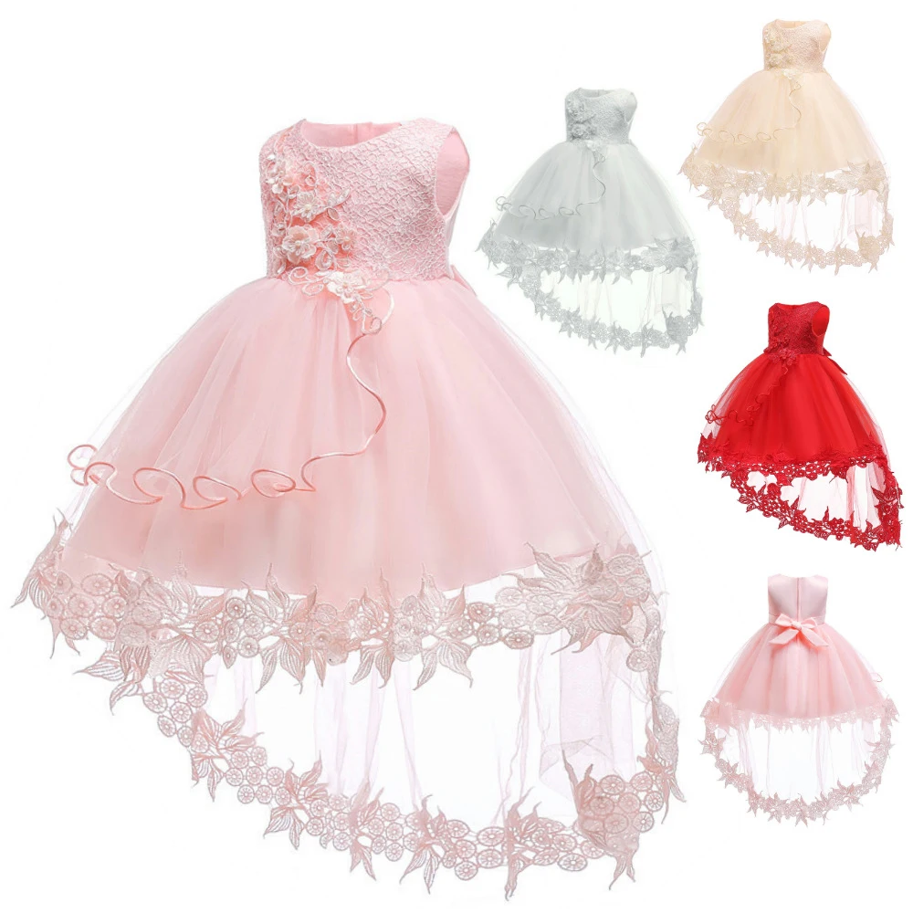 Latest design pearl wholesale embroidered kids baptism birthday princess party children dresses for baby girl with flowers