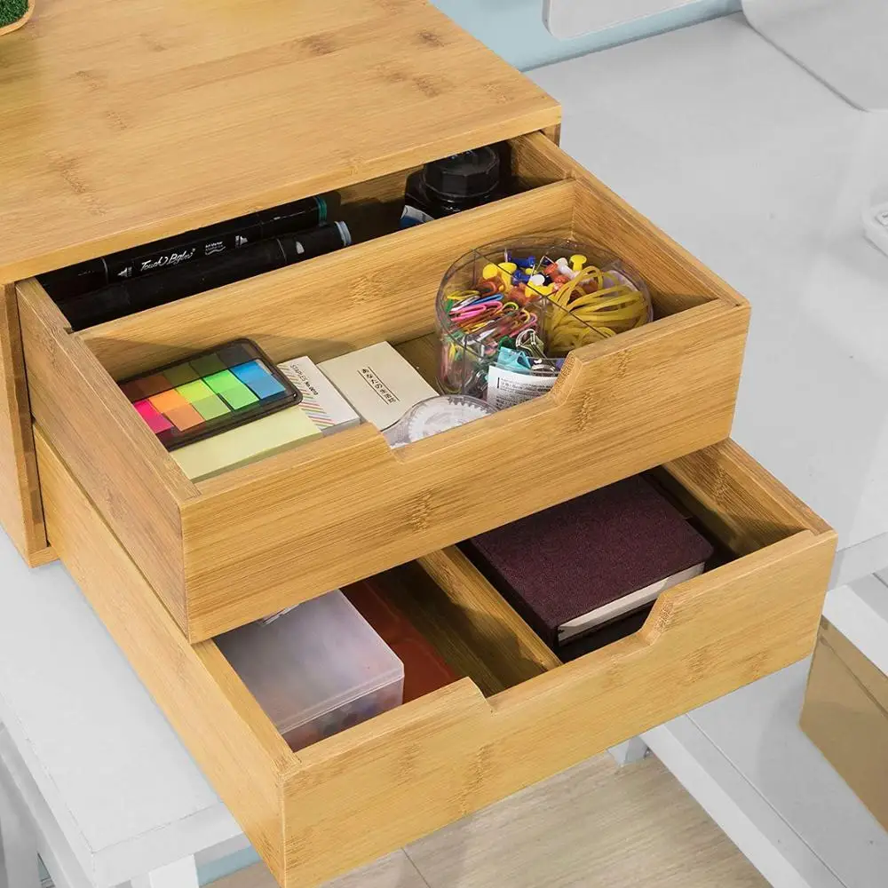Bamboo Desk Tidy Stationery Organizer with 2 Drawers Coffee Machine Stand & Coffee Pod Capsule Box Holder Organiser