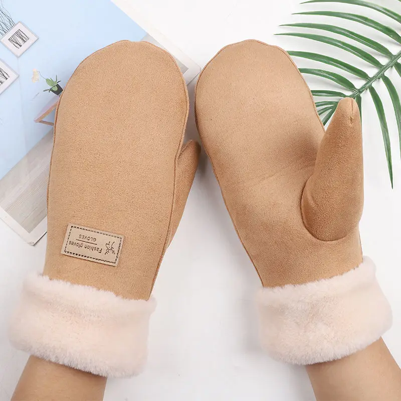 Wholesale Winter Cute Thick Plush Warm Suede Leather Mittens Gloves For Lady Girl With Lanyard