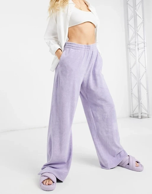 
2021 new ladies toweling trousers casual home straight trousers elastic waist wide-leg beach pants 