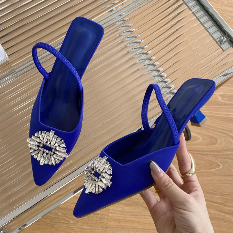 Eilyken Women Candy Colors Pointed Toe Mule Shoes Crystal Diamond Shallow Slip On Thin Low Heel Ladies Summer Pump Shoes